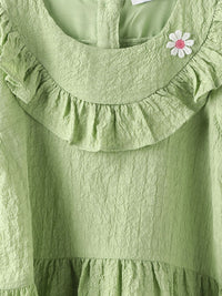 Nauti Nati Girls Green Cotton Crepe Dress with Floral Brooch