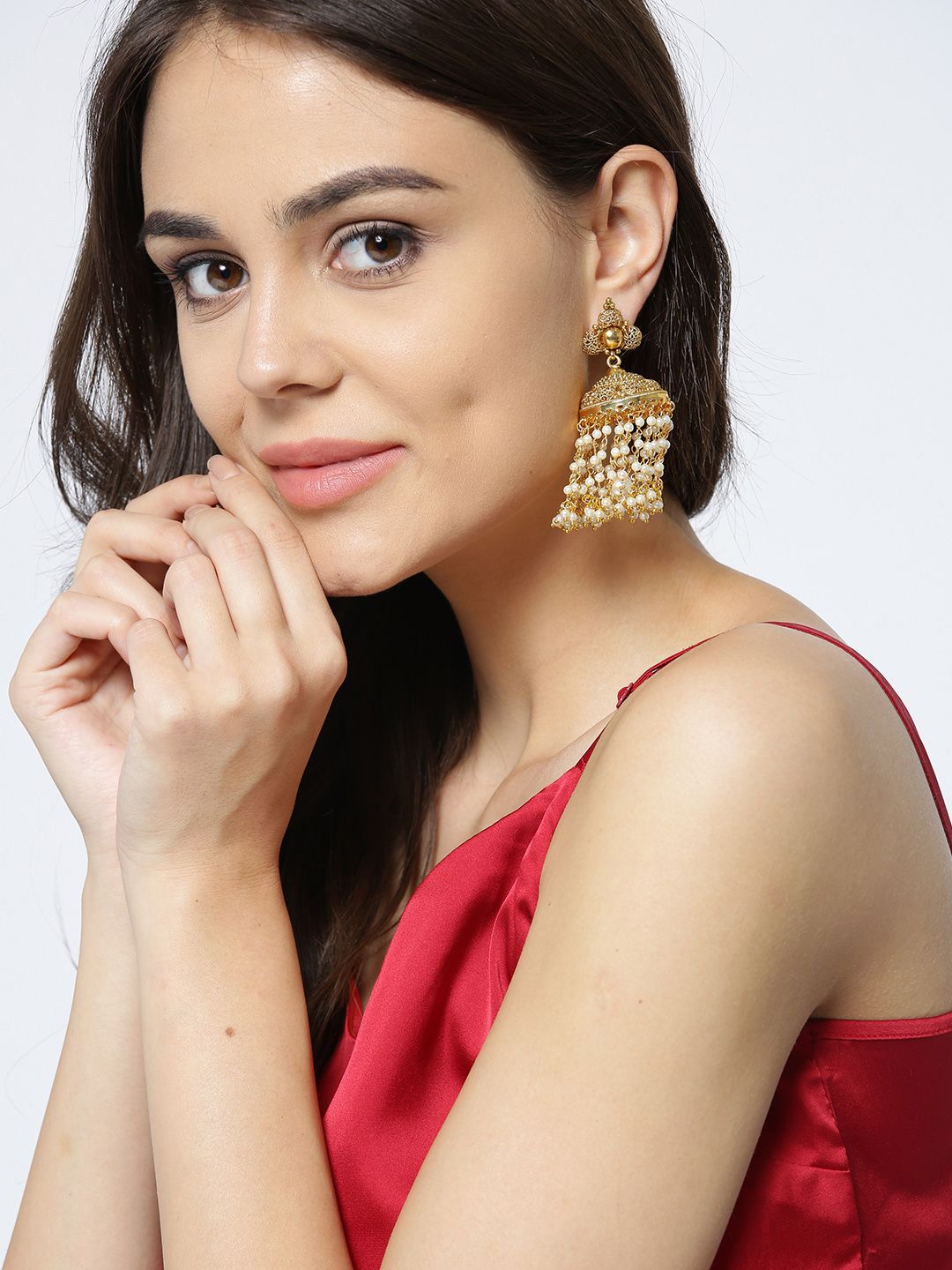 Anouk Gold Plated Cubic Zirconia Studded Dome Shaped Jhumkas