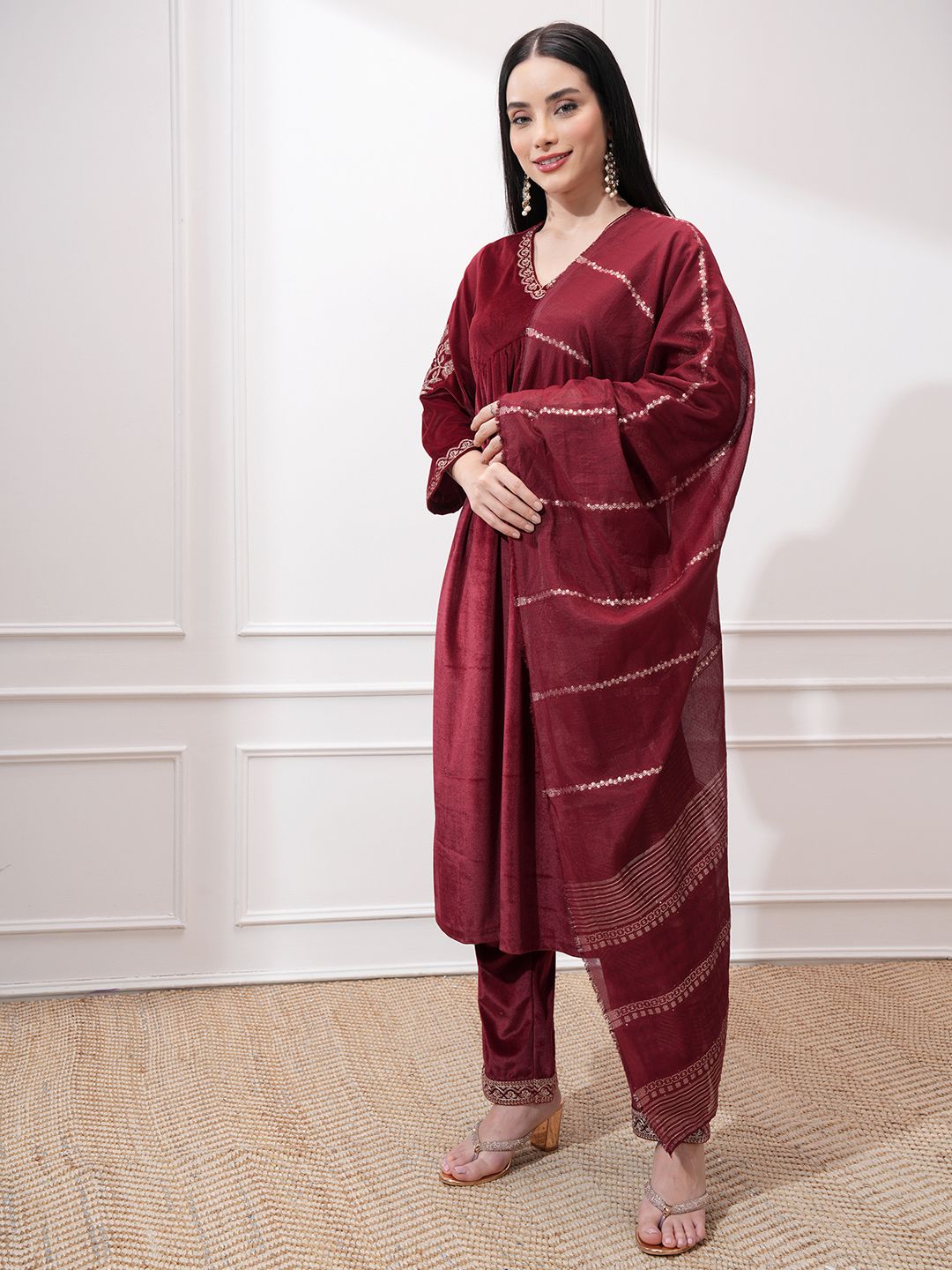 Vishudh Women Ethnic Motifs Embroidered Regular Kurta with Trousers & With Dupatta