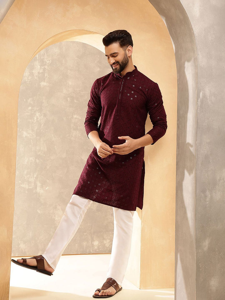 Anouk Wine Geometric Embroidered Sequinned Mandarin Collar Pure Cotton Kurta With Pyjama
