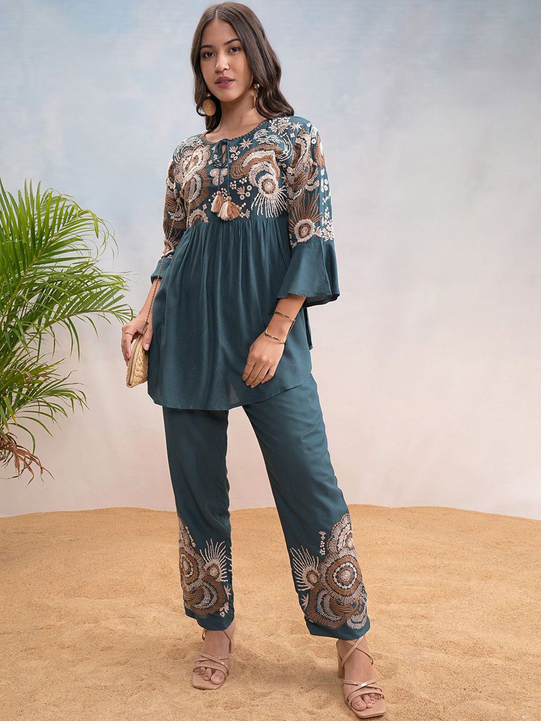 Vishudh Floral Embroidered Tie Up Neck Bell Sleeves Top With Trouser