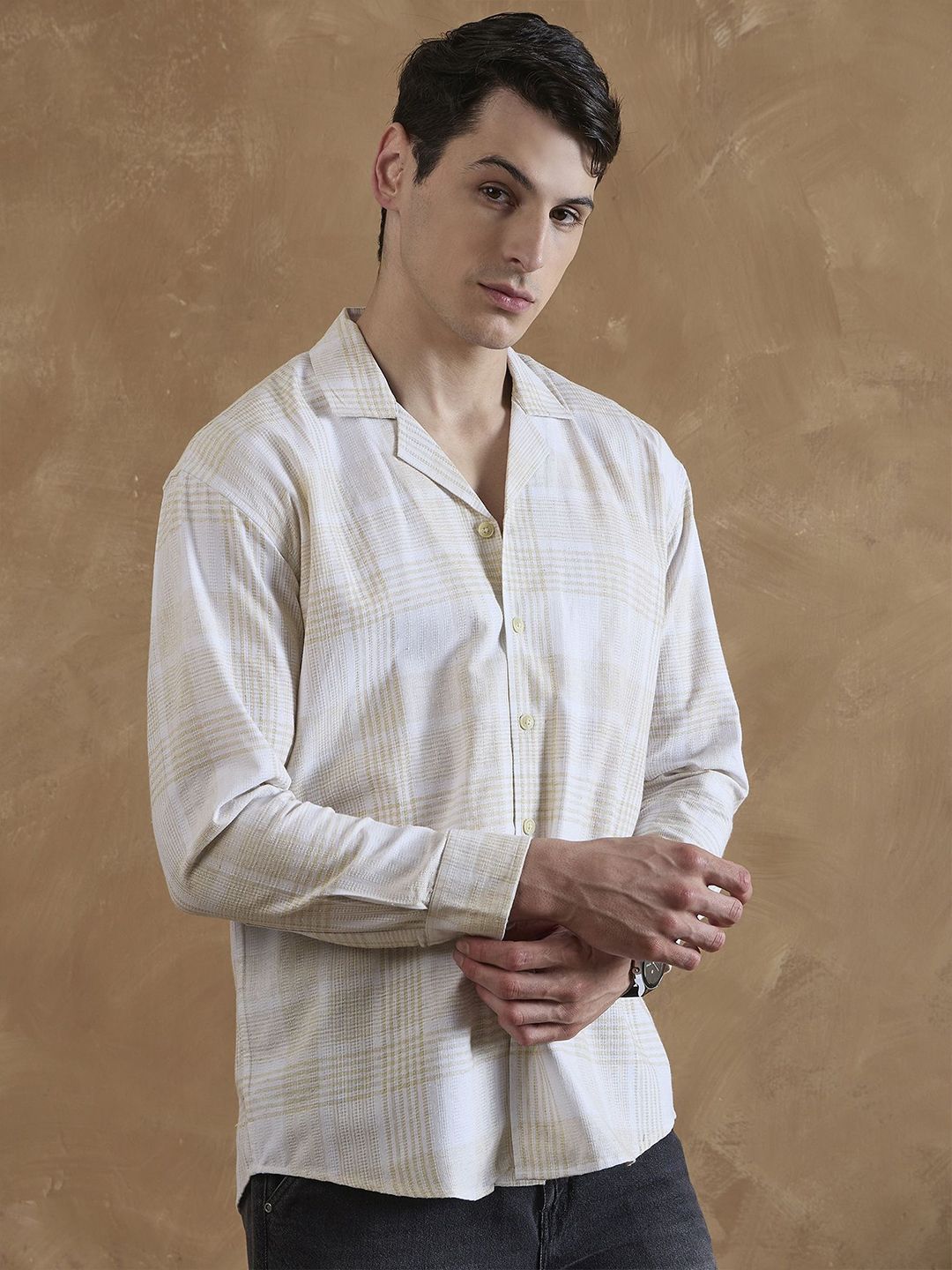 DENNISON Yellow and White Oversized Cuban Collar Checkered Shirt