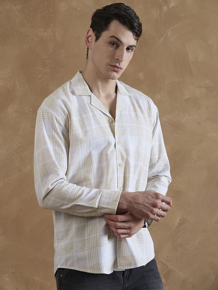 DENNISON Yellow and White Oversized Cuban Collar Checkered Shirt