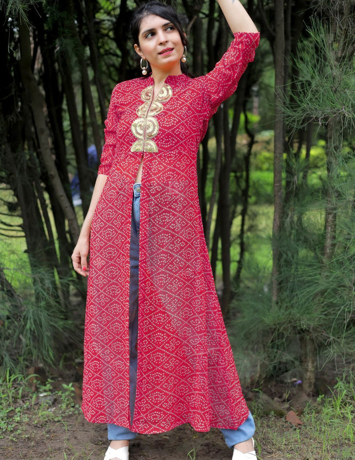 KALINI Bandhani Printed Mandarin Collar Sequins Front Slit Georgette A-Line Kurta