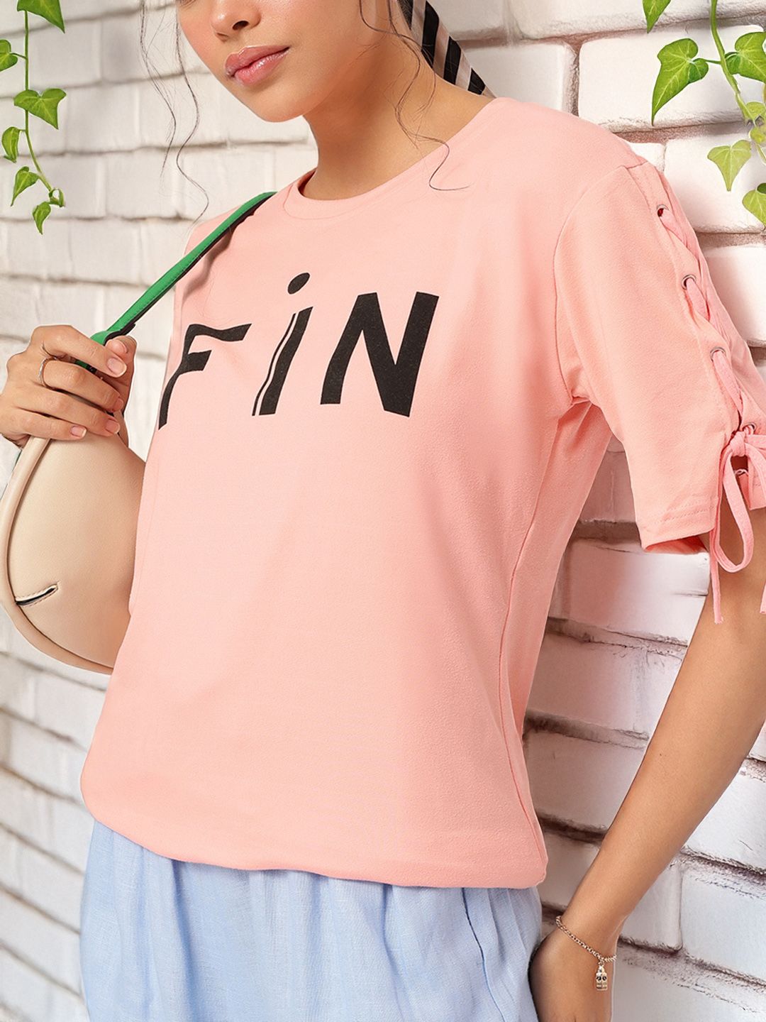 DressBerry Tik Talk Printed Lace-Up Sleeves T-shirt