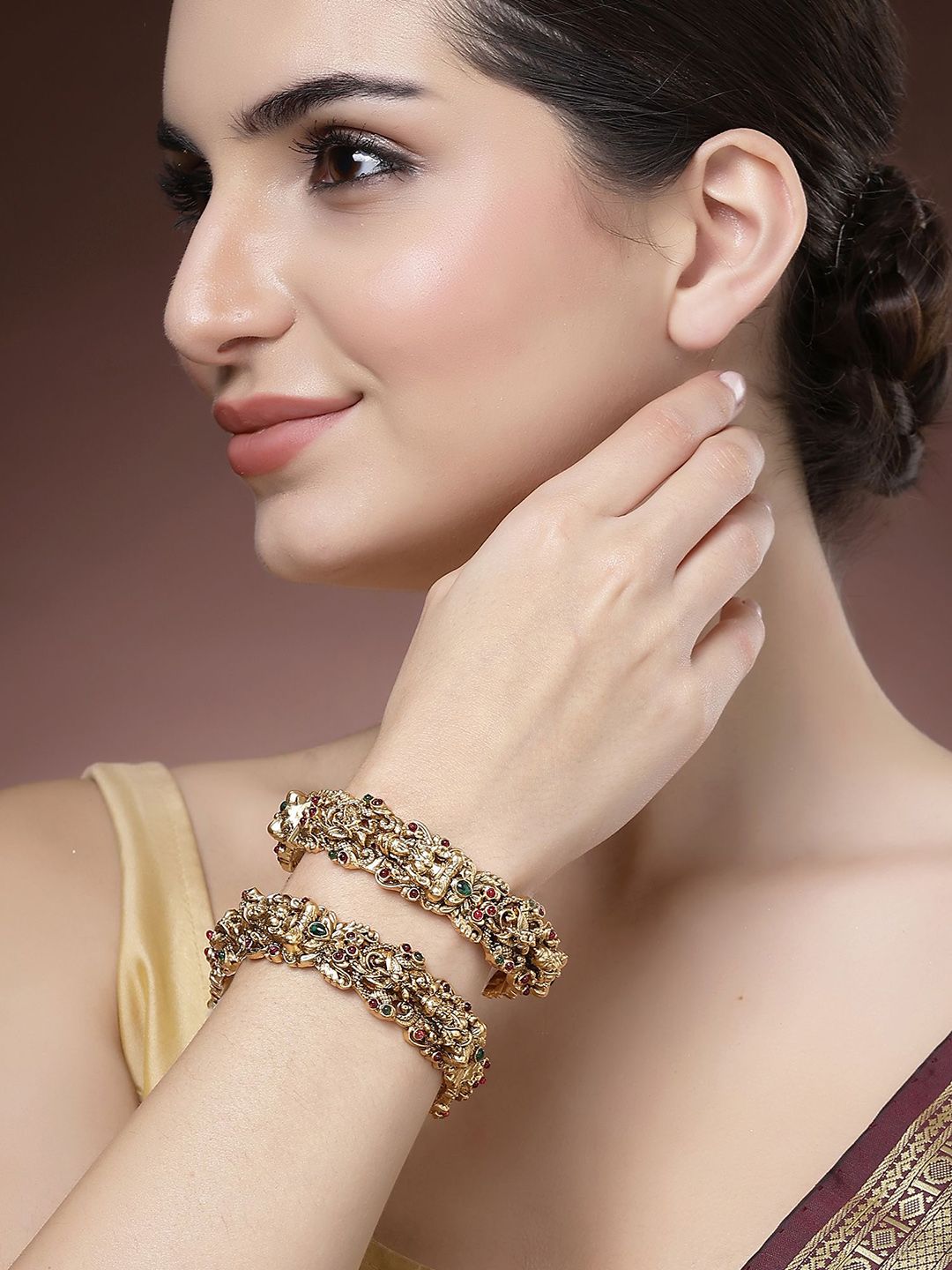 KARATCART Set Of 2 Gold Plated Kundan Stone Studded Laxmi Mata Temple Bangles
