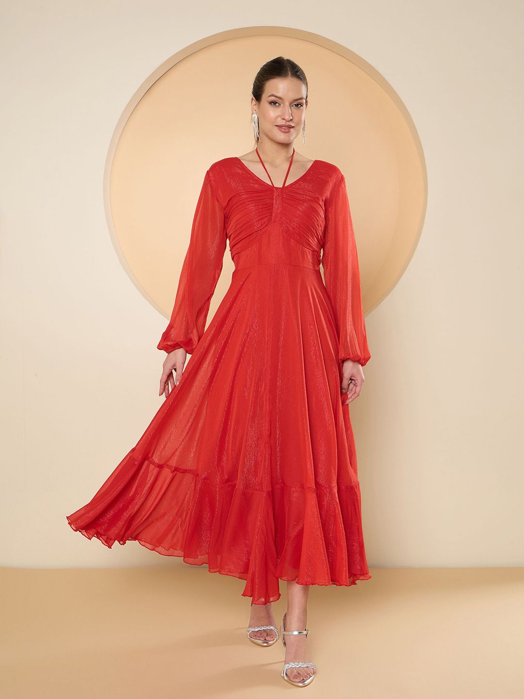 Antheaa Flared Sleeve Chiffon Maxi Dress