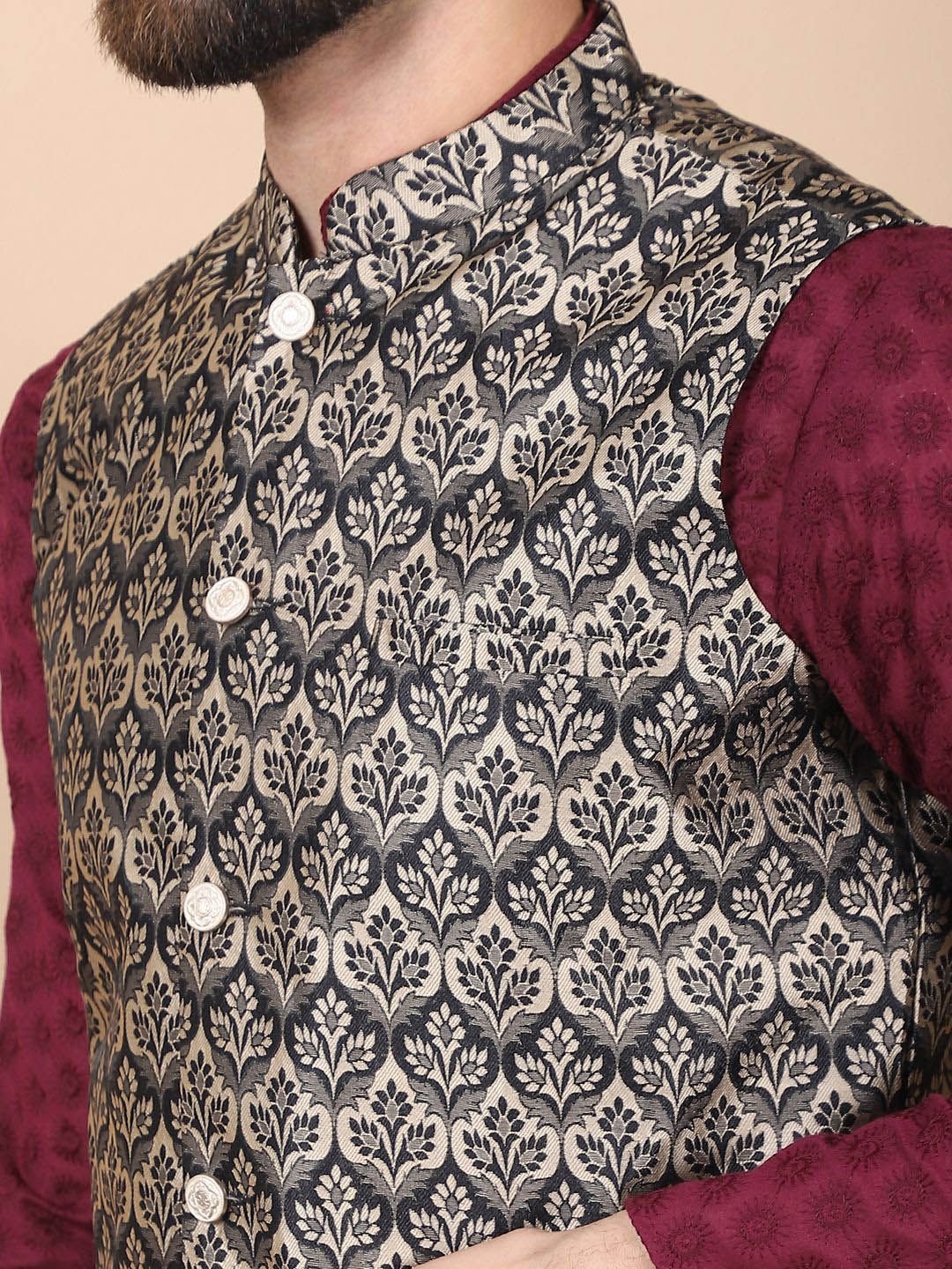 Anouk Purple Floral Embroidered Thread Work Pure Cotton Kurta with Churidar & Nehru Jacket