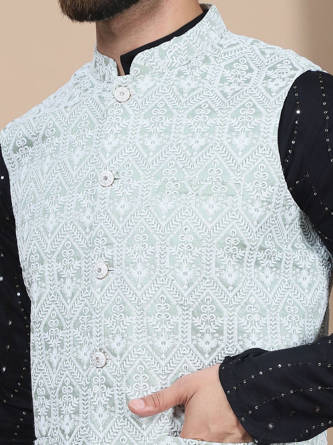 Anouk Embroidered Sequinned Pure Cotton Straight Kurta With Churidar & Nehru Jacket
