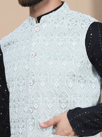 Anouk Embroidered Sequinned Pure Cotton Straight Kurta With Churidar & Nehru Jacket