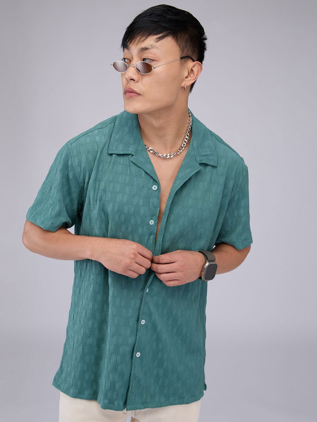 VASTRADO Men Classic Cuban Collar Textured Oversized Casual Shirt