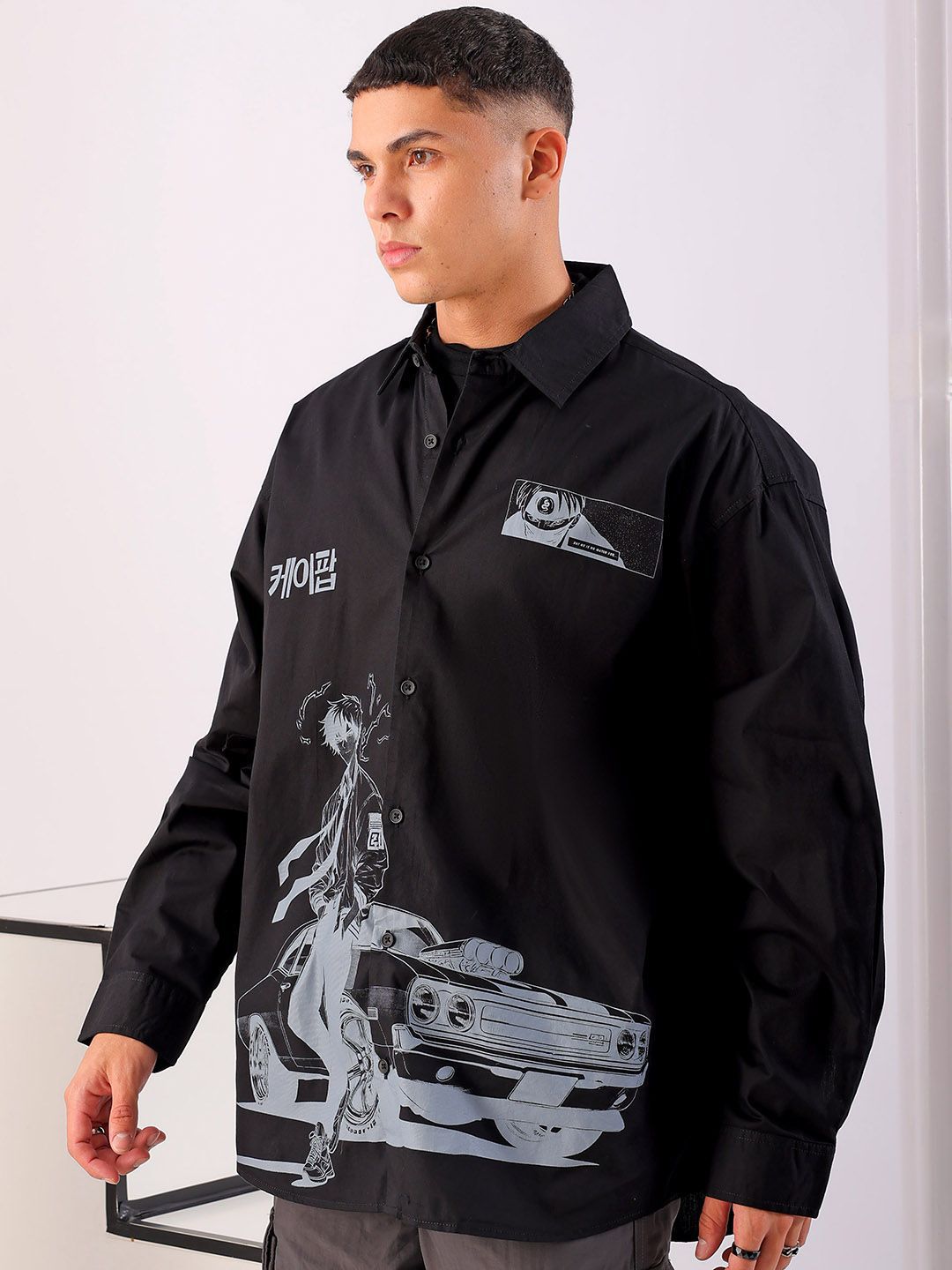 The Indian Garage Co Men Anime Printed Cotton Oversized Boxy Streetwear Shirt