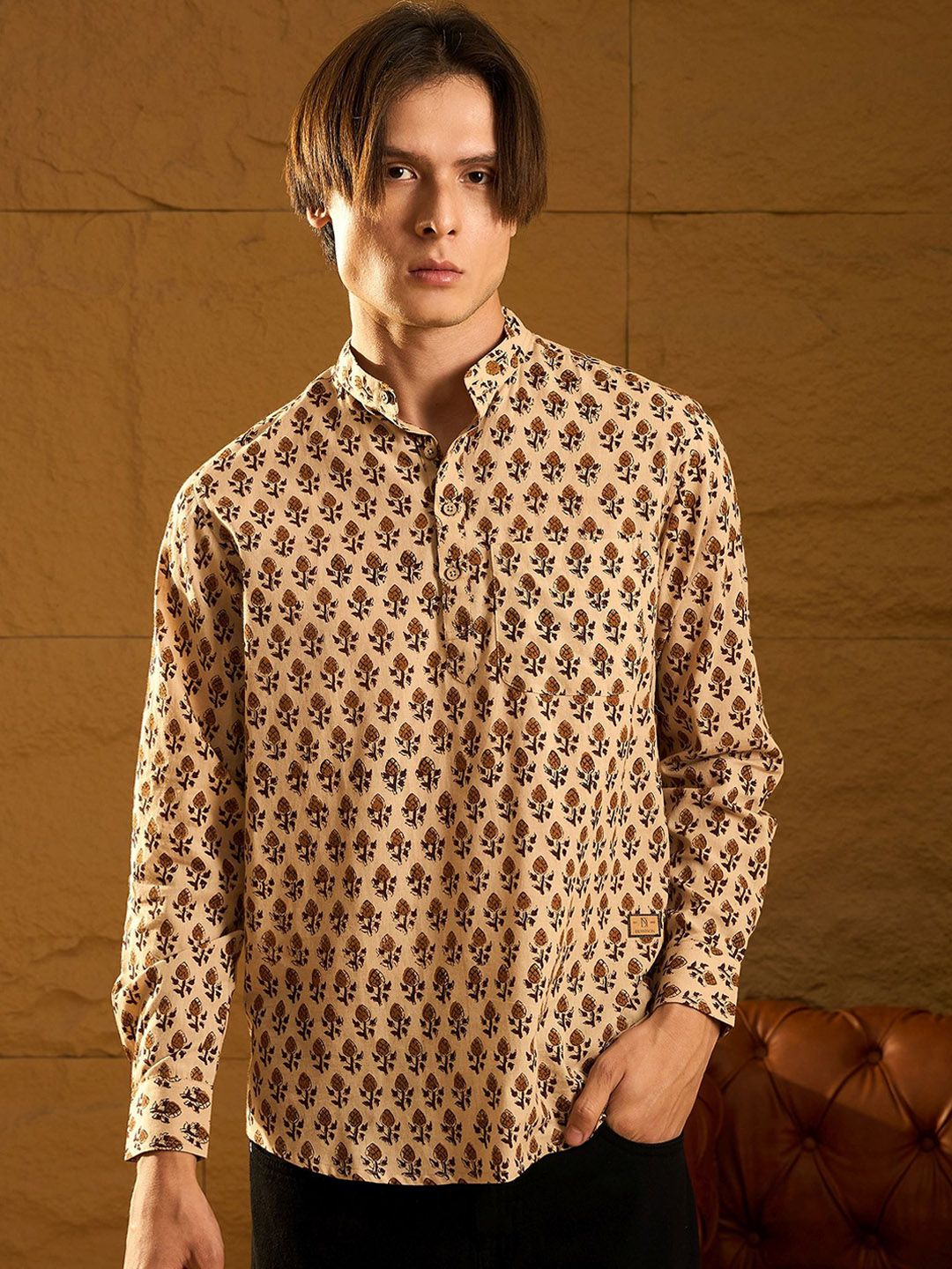 Dennison Floral Block dicetak kapas kolar mandarin pendek kurta pendek