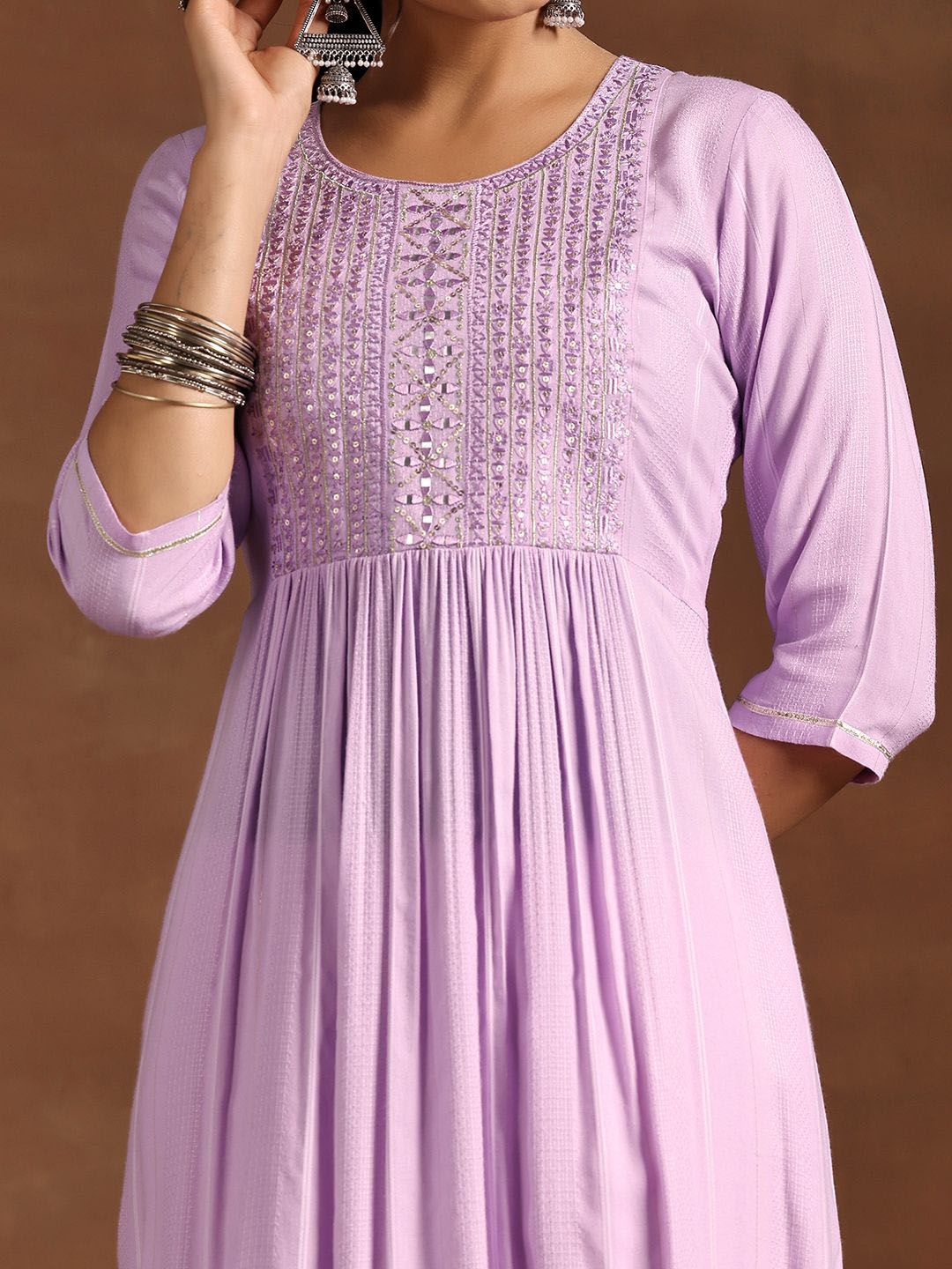 Libas Lavender Floral Yoke Design Sequined Pleated Detail Anarkali Kurta