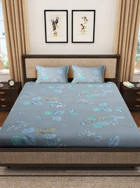 KLOTTHE Blue & Teal Green Floral Printed 400 TC Fitted King Bedsheet with 2 Pillow Covers