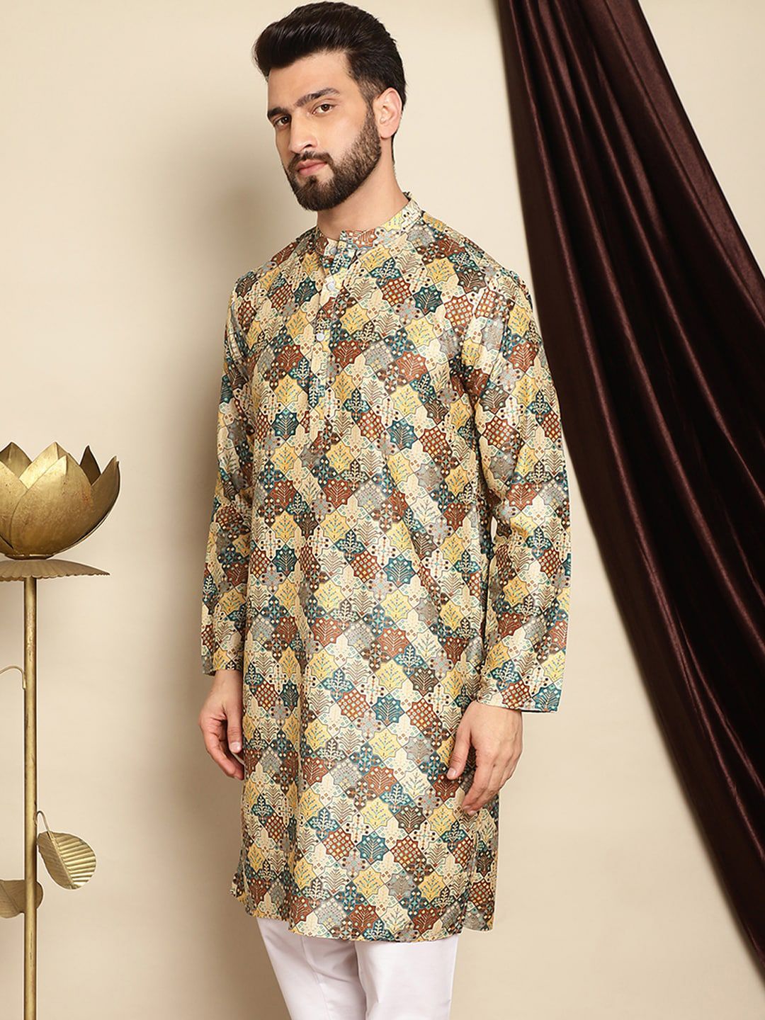Anouk Green Ethnic Motifs Printed Mandarin Collar Long Sleeves Silk Cotton Straight Kurta