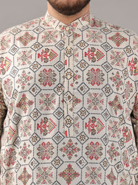 SOJANYA PLUS Size Ethnic Motifs Printed Band Collar Cotton Linen Straight Kurta