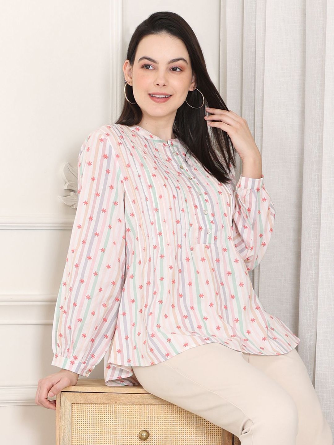 W Floral Print Puff Sleeve Cotton Top
