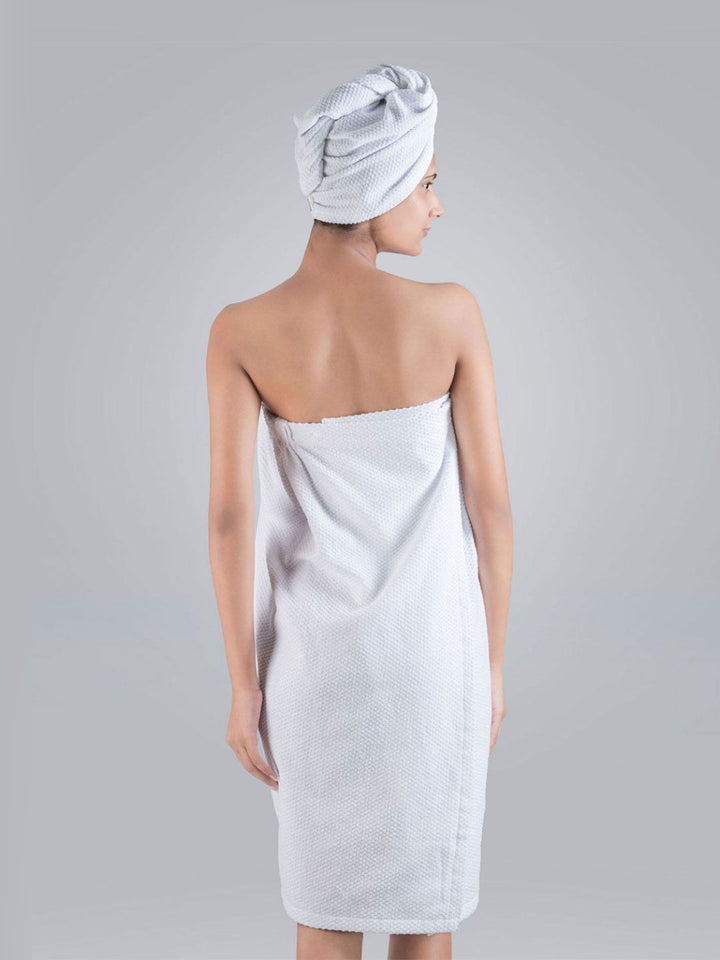 MYTRIDENT White Pure Cotton Bath Robe With Headwrap