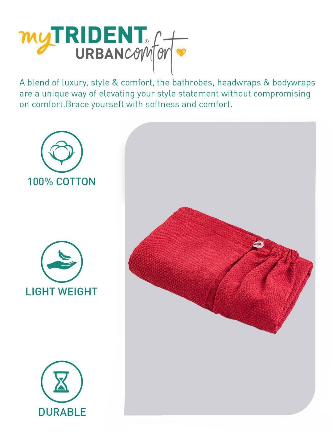 MYTRIDENT Red Cotton Bath Robe With Headwrap