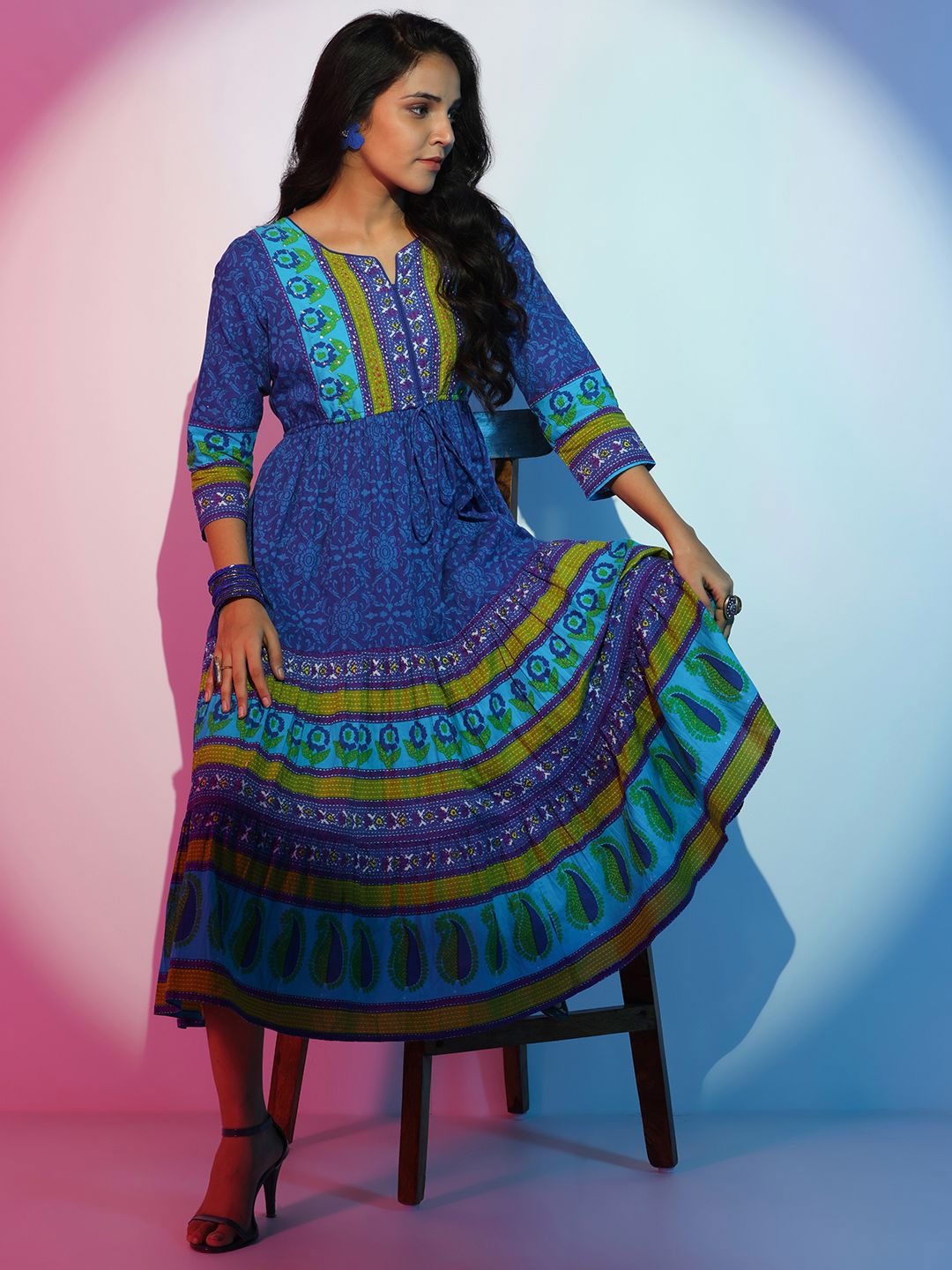 Libas Printed Layered Fit & Flare Midi Dress