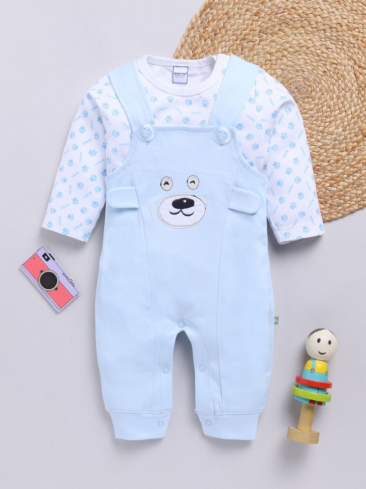 Moms Love Infants Boys Pure Cotton Embroidered Detail Dungaree With Printed T-Shirt