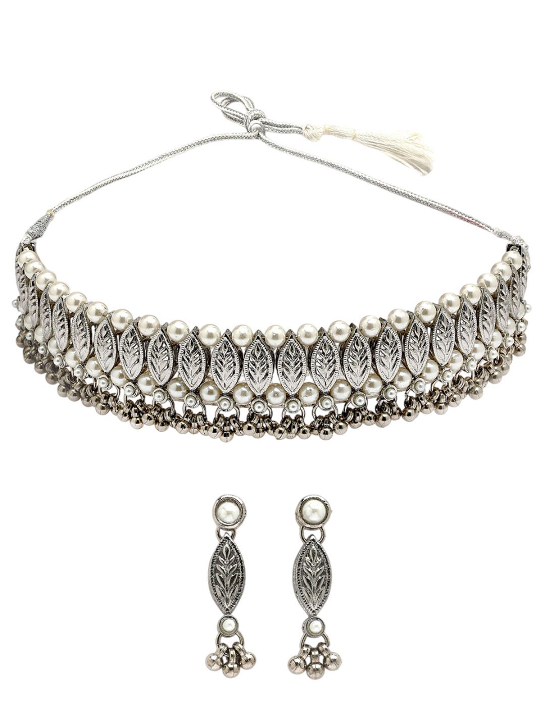 Karatcart Reka bentuk daun teroksida perak Kundan Kundan Studded & Beaded Choker Jewellery Set