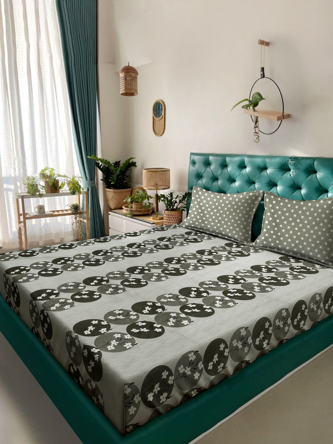 Myntra Elegant Homes Olive Green Floral Pure Cotton Set Cadar King 400 TC-2.5mX2.25m
