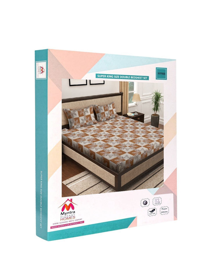 Myntra Elegant Homes Brown & White Floral 400 TC King Bedsheet with 2 Pillow Covers