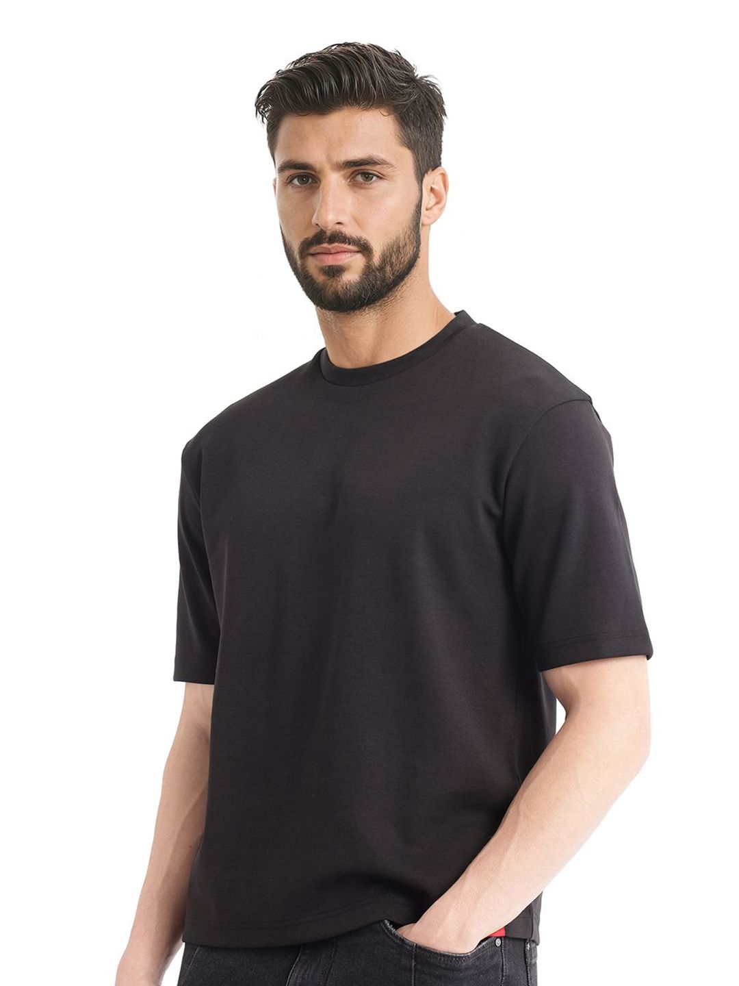 RARE RABBIT Men Solid Round Neck Cotton Oversized T-shirt