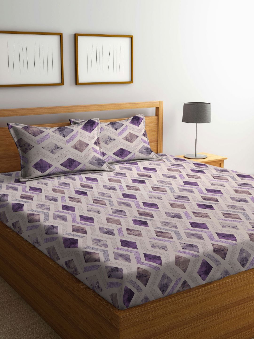 Myntra Elegant Homes White Geometric Pure Cotton 400 TC King Superfine Bedsheet dengan 2 Sarung Bantal-98 x 89 inci
