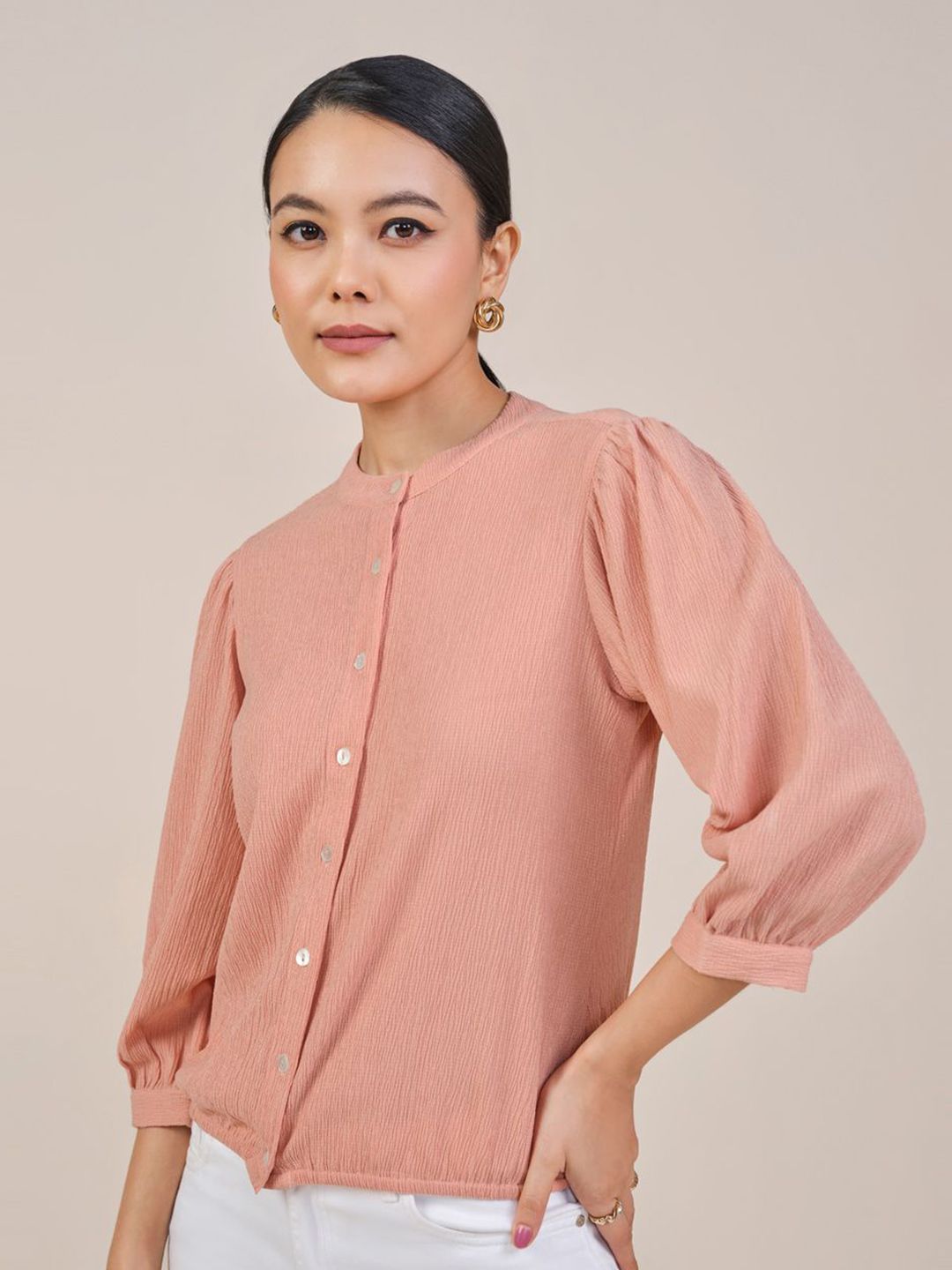 AND Women Mandarin Collar Shirt Style Top