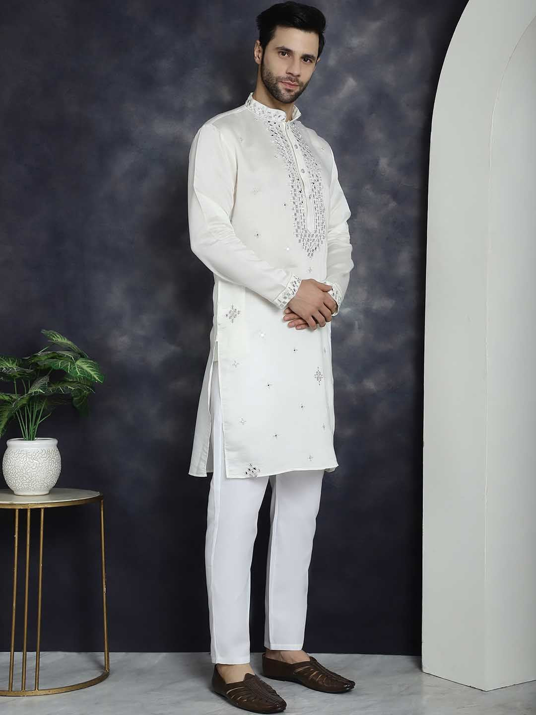 Jompers Geometric Embroidered Regular Mirror Work Kurta With Pyjamas