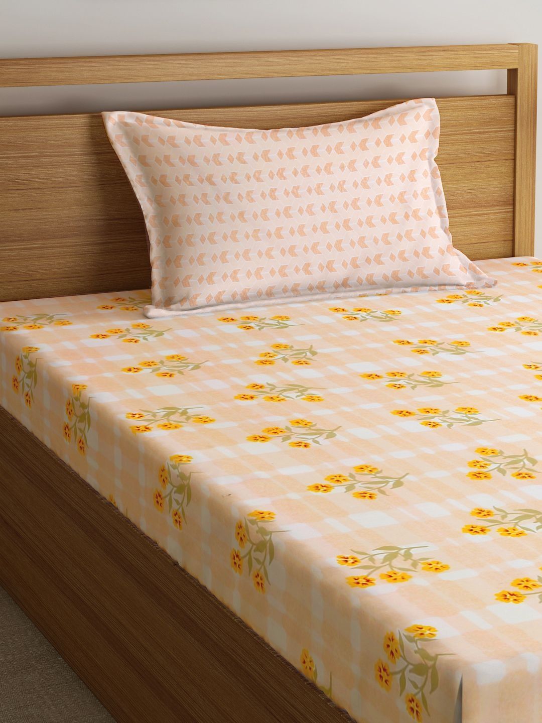 Myntra Elegant Homes White & Yellow Floral 300 TC Cadar Tempat Tidur Single dengan 1 Sarung Bantal