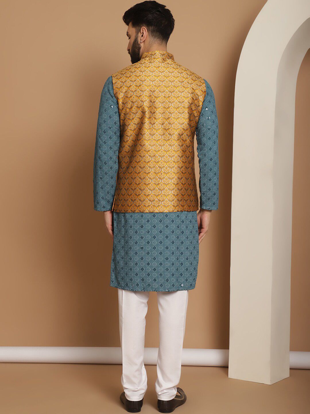 Anouk Sequinned Embroidered Regular Thread Work Kurta & Churidar With Nehru Jacket