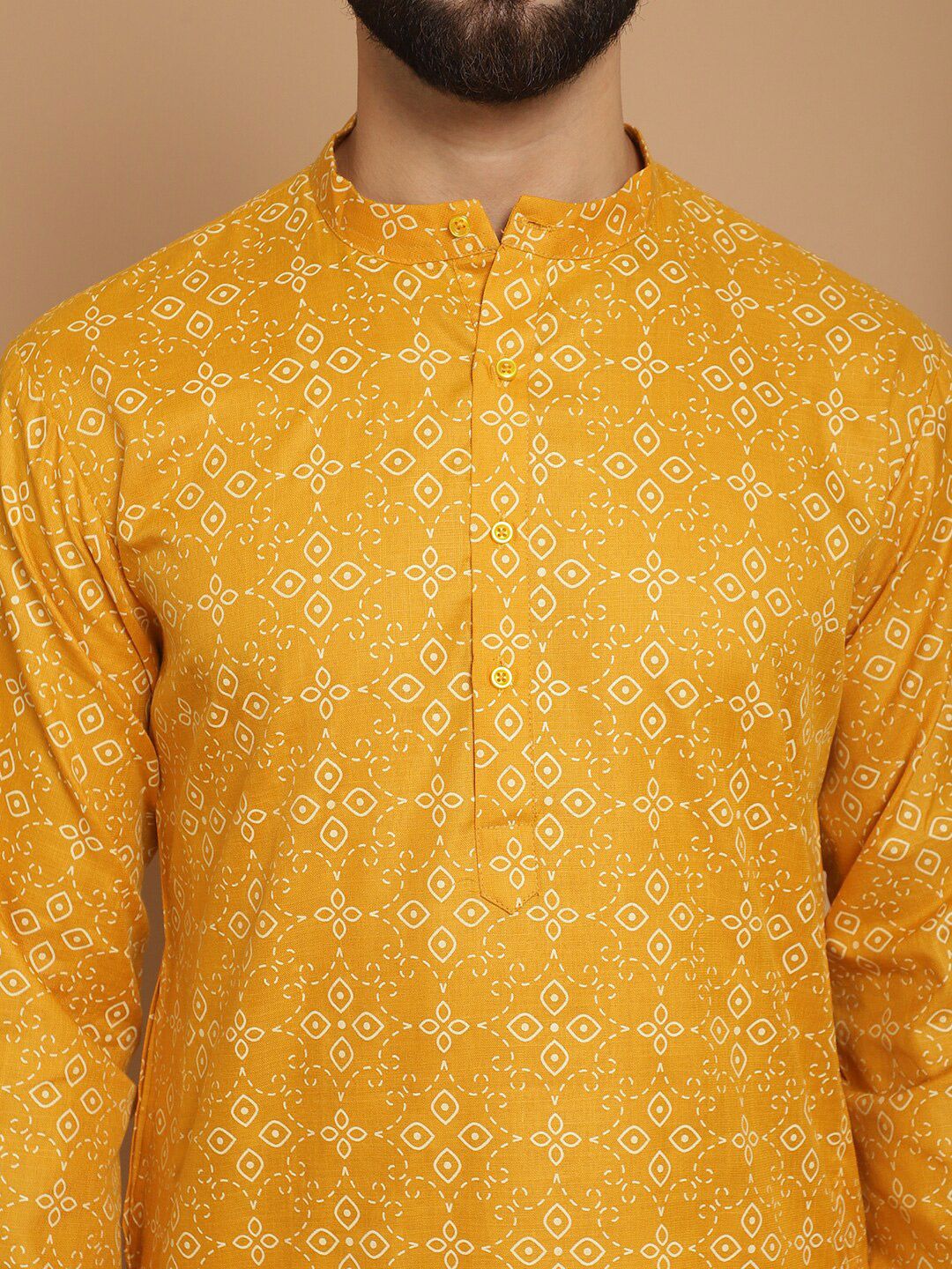 Anouk Mustard Yellow Floral Printed Mandarin Collar Straight Kurta With Churidar