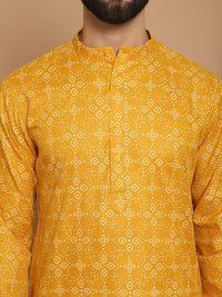 Anouk Mustard Yellow Floral Printed Mandarin Collar Straight Kurta With Churidar