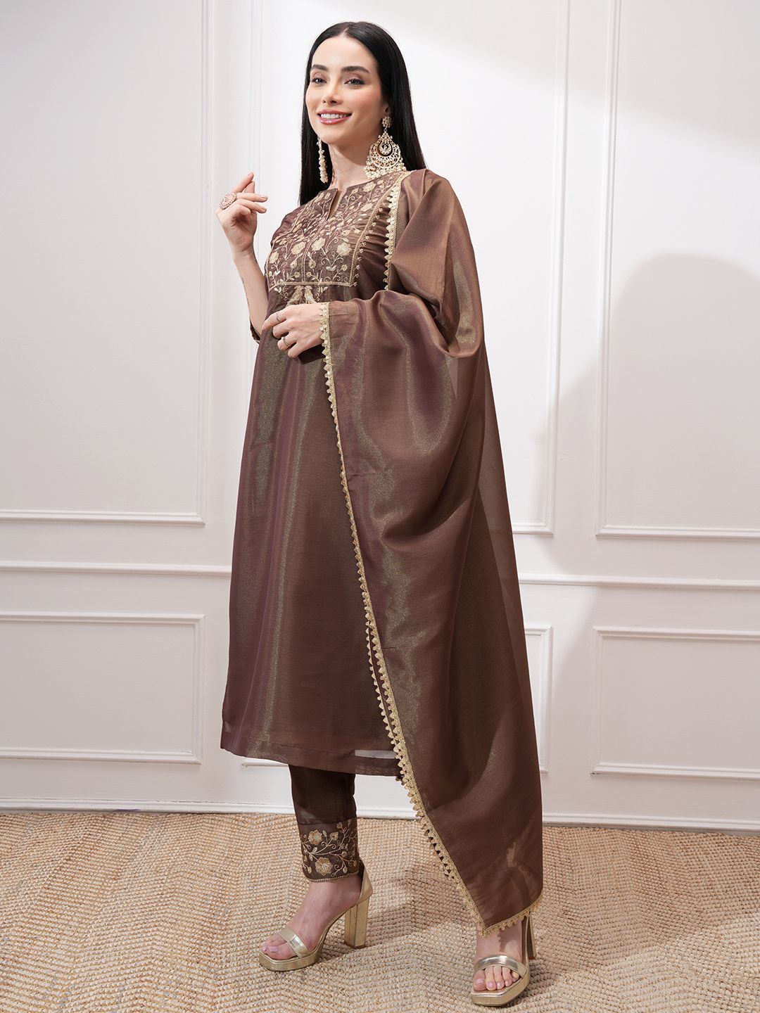 Vishudh Women Ethnic Motifs Embroidered Regular Kurta with Trousers & With Dupatta