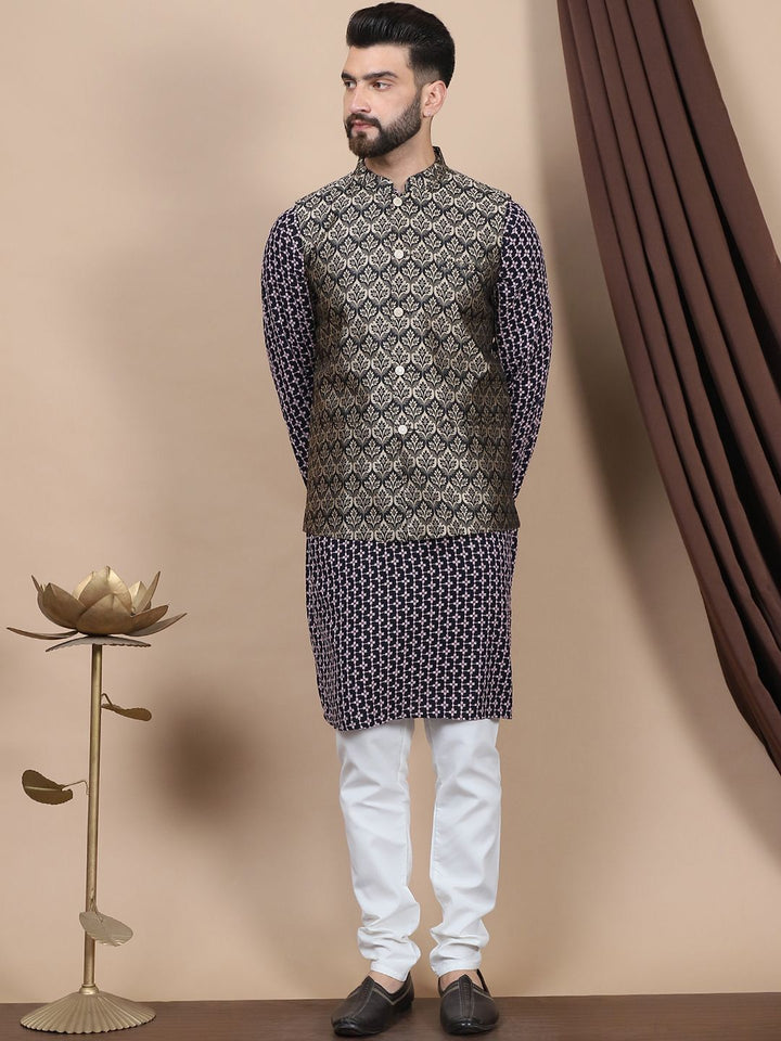 Anouk Geometric Embroidered Pure Cotton Straight Kurta With Churidar & Nehru Jacket