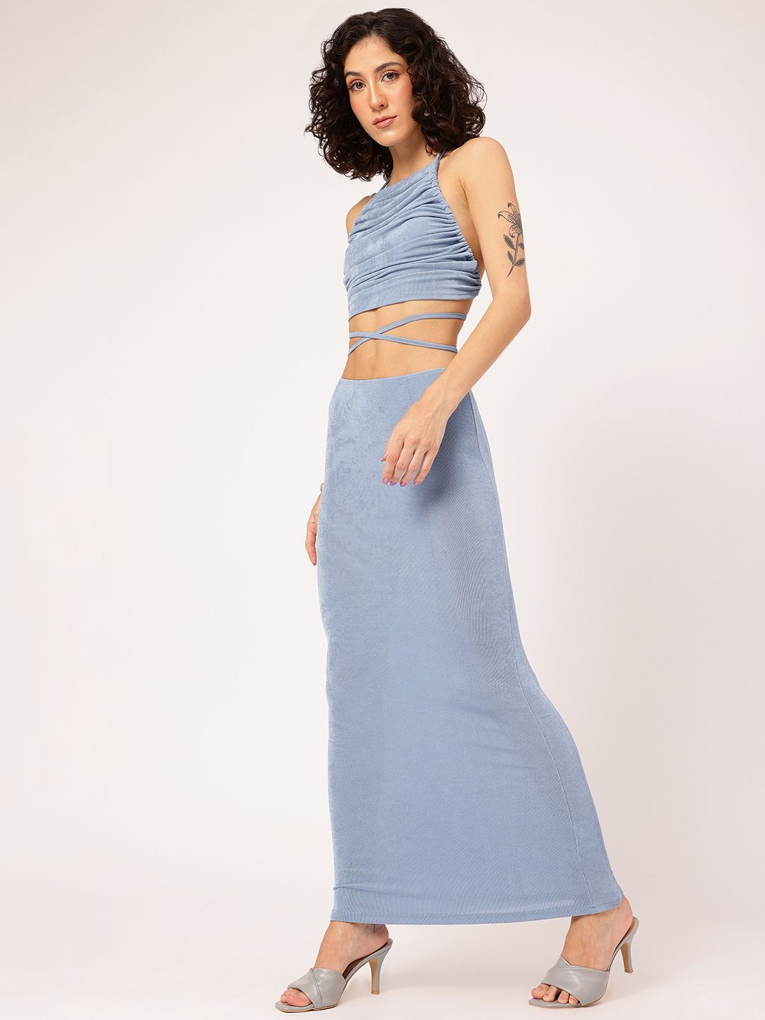 DressBerry Luxe Luster Open-Back Tie-Up Halter Neck Ruched Party Co-Ords