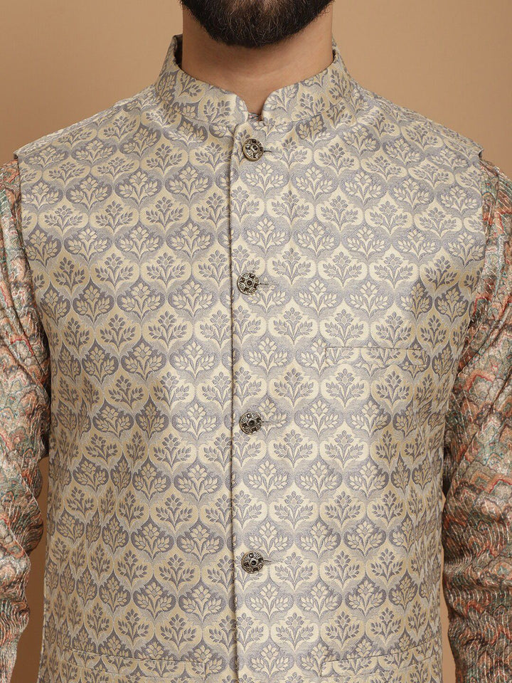 Anouk Beige Woven Design Striped Regular Straight Kurta With Churidar