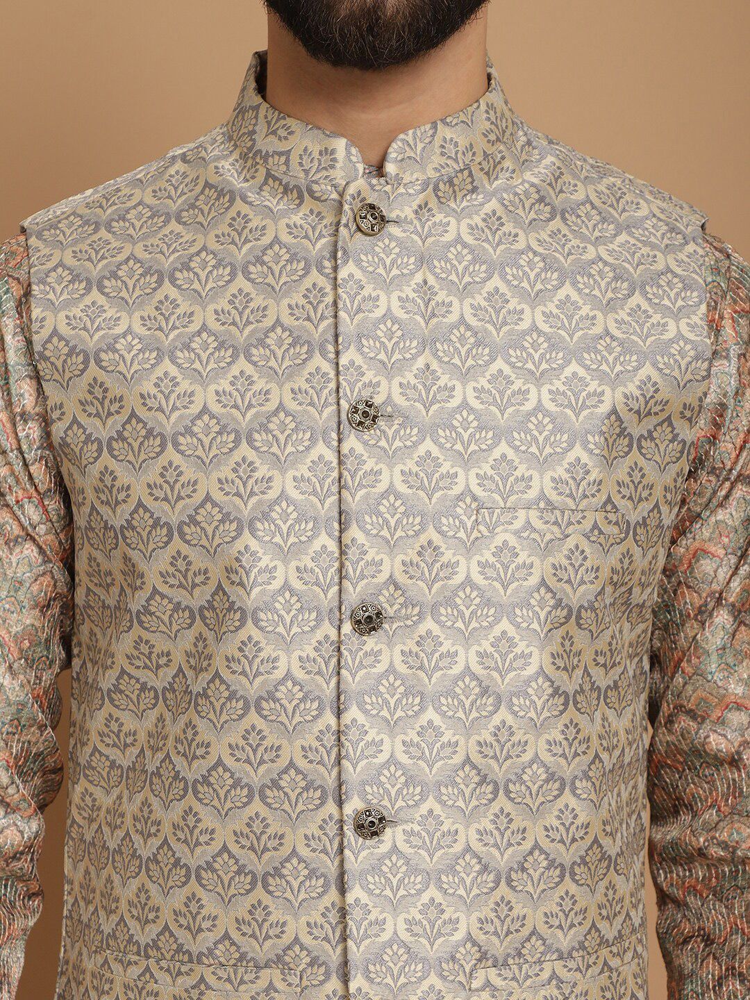 Anouk Beige Woven Design Striped Regular Straight Kurta With Churidar