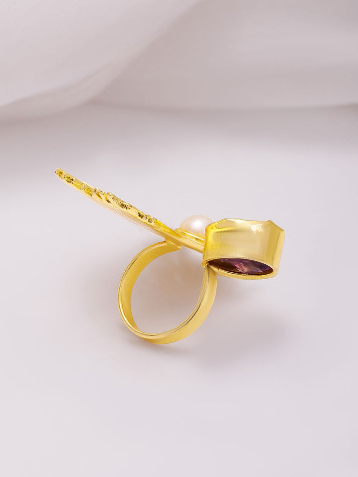 Rubans 18K Gold-Plated Sunburst Design Pearl & Amethyst Cincin Jari Laras