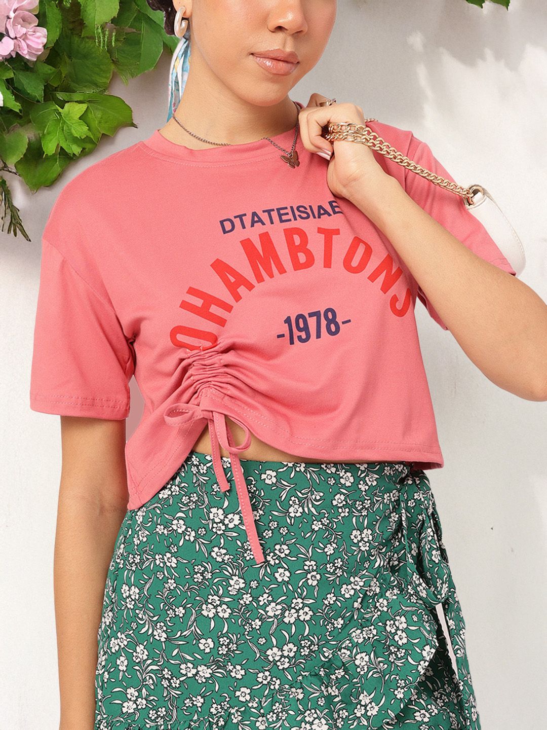 DressBerry Basic Bee Printed Ruched Drop-Sleeves Top