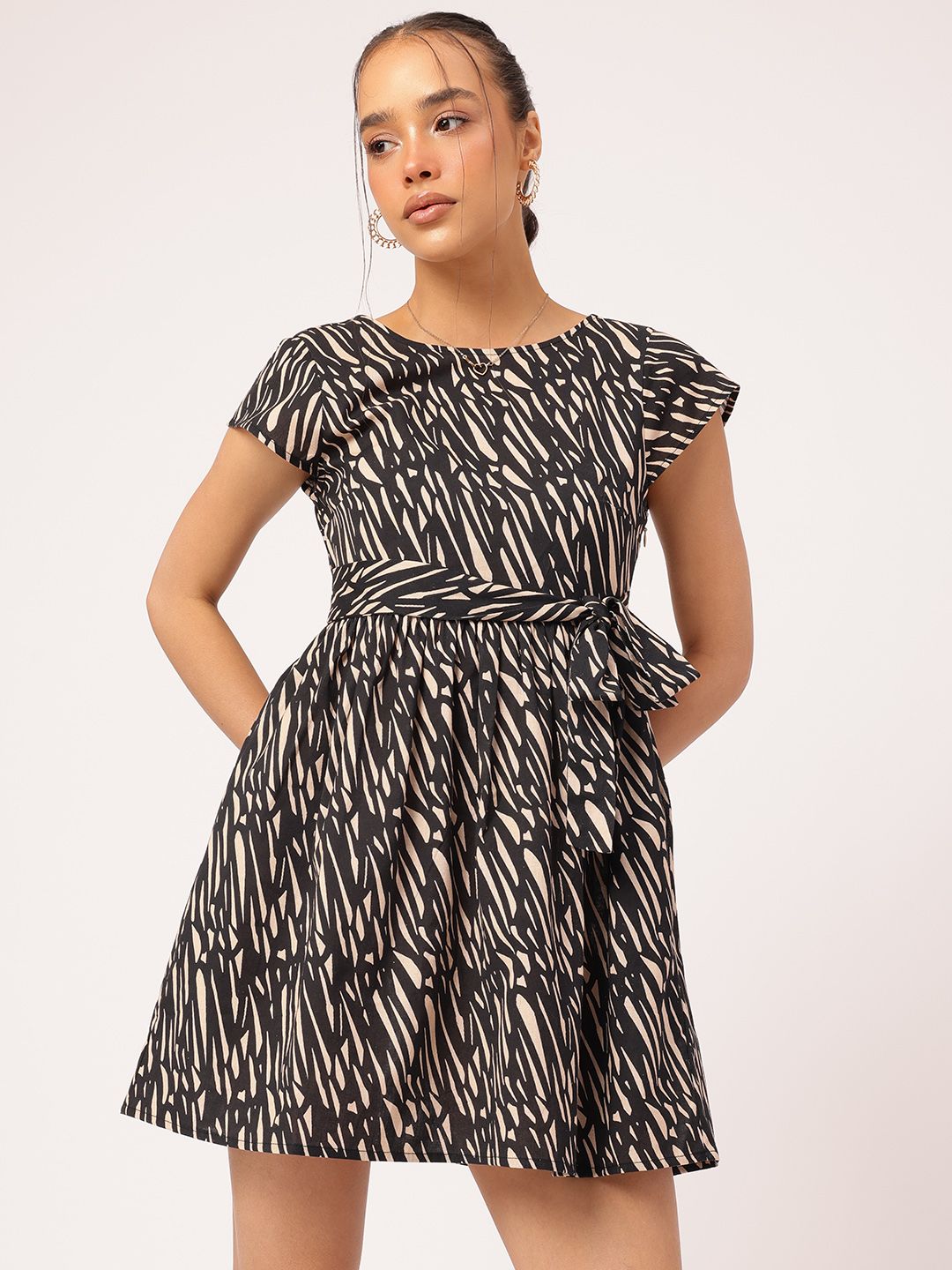 DressBerry Printed A-Line Mini Dress with Waist Tie-Up