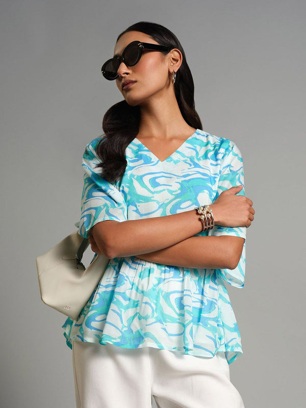 AND Floral Print Puff Sleeve Peplum Top