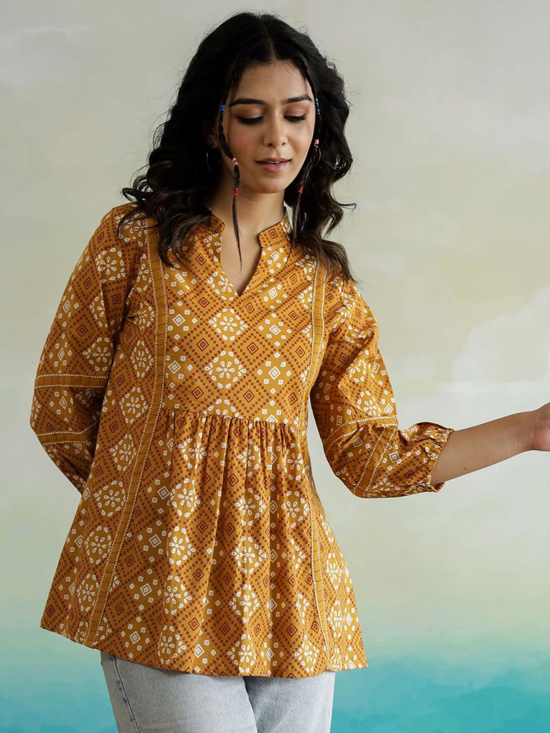 Sanskrutihomes wanita motif etnik dicetak kapas atas