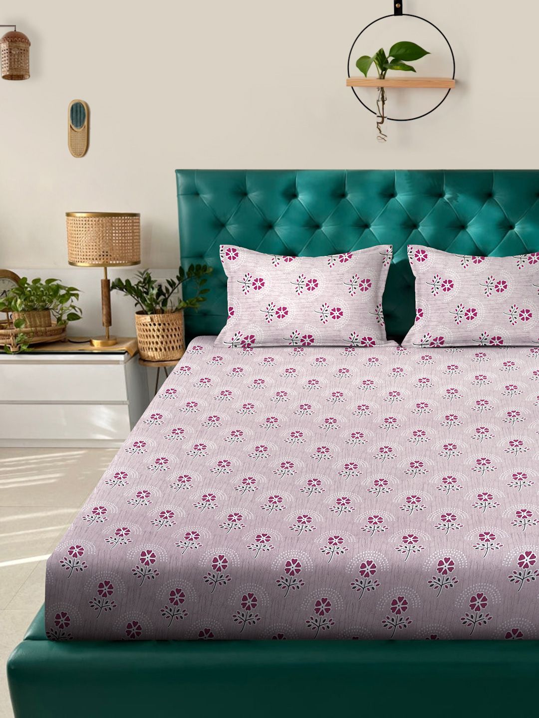 Myntra Elegant Homes Pink Floral 400 TC Set Cadar King Kapas Dipasang 2.50 m x 2.25 m