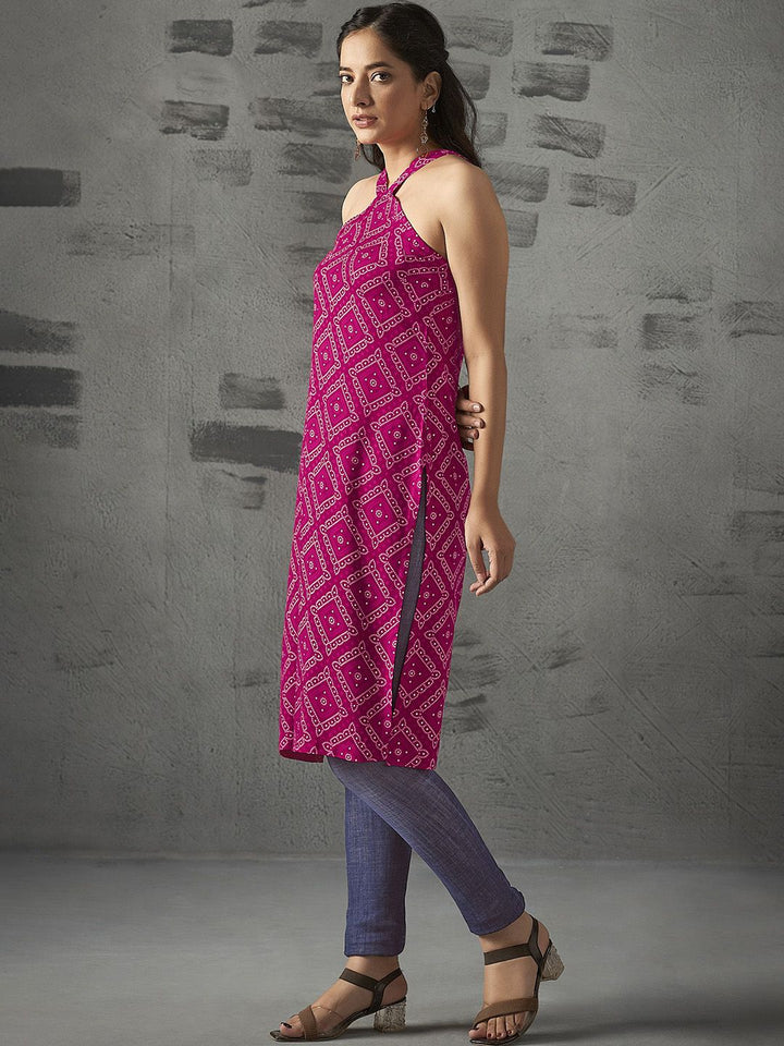 Anouk Fuchsia Bandhani Printed Halter Neck Straight Kurta