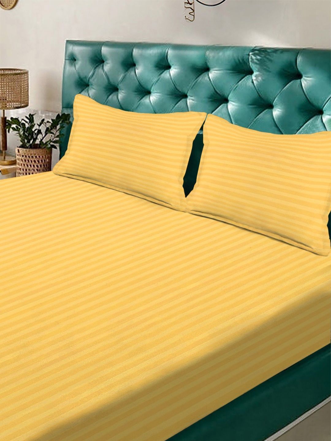 Aura Yellow Striped 300 TC Double King Bedsheet Set 2.50 m x 2.25 m